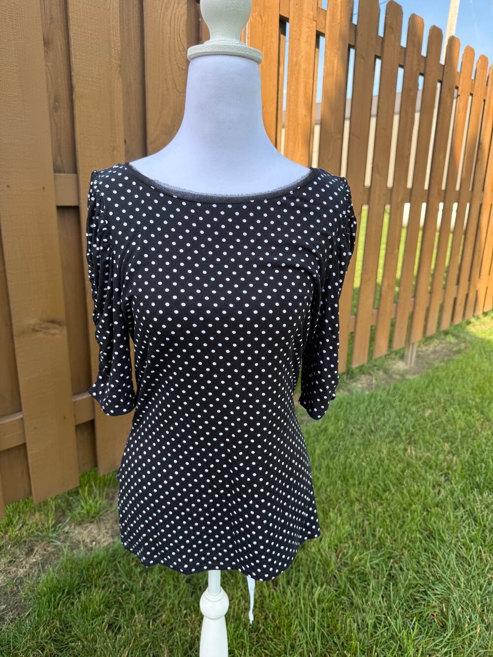 WHBM White House Polka Dot Scoop Back Ruched Sleeve Top Medium